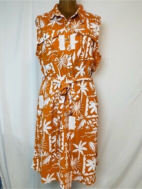 Above and Beyond Sleeveless Orange & White Tropical Print Shirt Dress Size L